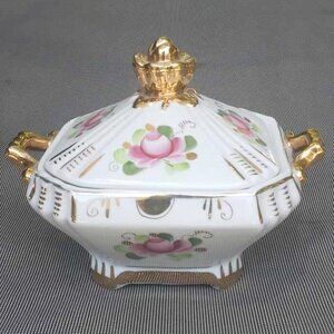 Gorgeous Russian Gzhel Porcelain Lidded Dish Hand Painted Roses & Gold Gilding